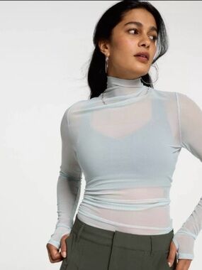 CALIA by Carrie Underwood Draped Funnel Long Sleeve Top, Smoked Turquoise